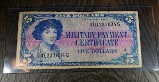 Rare $5 Dollar Military Payment Certificate Series 591 Mpc Note Bill Vg C24