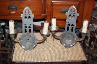 Antique Arts & Crafts Wall Sconce Light Fixtures Pair Gothic Medieval Double Arm 10