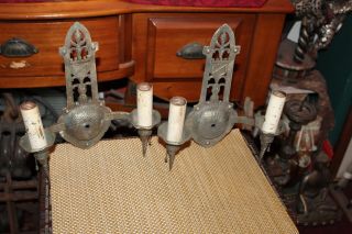 Antique Arts & Crafts Wall Sconce Light Fixtures Pair Gothic Medieval Double Arm