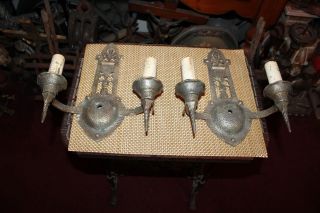 Antique Arts & Crafts Wall Sconce Light Fixtures Pair Gothic Medieval Double Arm 2