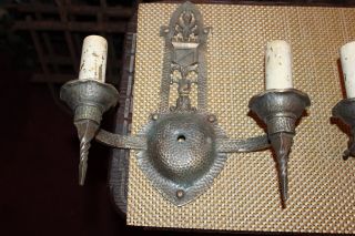 Antique Arts & Crafts Wall Sconce Light Fixtures Pair Gothic Medieval Double Arm 3