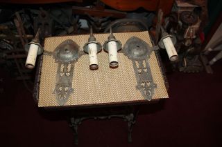 Antique Arts & Crafts Wall Sconce Light Fixtures Pair Gothic Medieval Double Arm 9