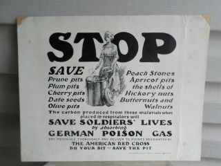 Rare Ww1 Chemical Warfare Service Poster Save Fruit Pits For Gas Masks Red Cross
