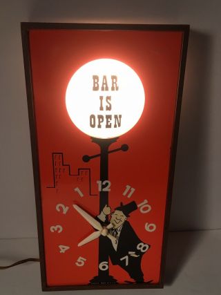 Vintage Spartus Bar Is Open Lighted Sign & Reverse Clock W/drunk Man Rare