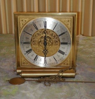 Vtg Mid - Century Wall Clock With Brass Weights & Chiming Mechanism Germany