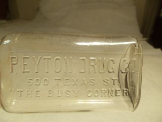 1910s SHREVEPORT,  LA PEYTON DRUG CO.  500 TEXAS ST.  BUSY CORNER CORK TOP BOTTLE 2
