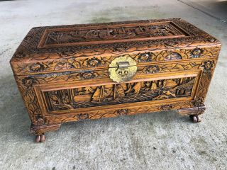 Asian Chinese Hand Carved Wood Chest / Trunk Sailboat Vintage Antique