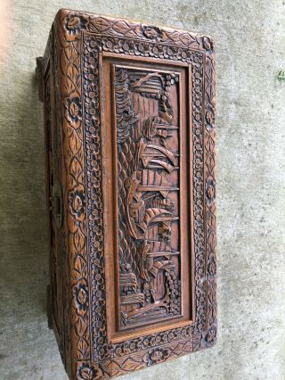 Asian chinese Hand Carved Wood Chest / Trunk Sailboat Vintage Antique 2