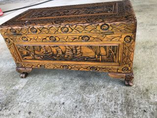 Asian chinese Hand Carved Wood Chest / Trunk Sailboat Vintage Antique 3