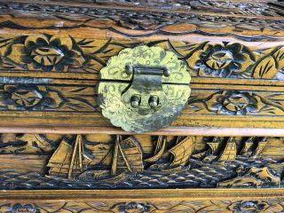 Asian chinese Hand Carved Wood Chest / Trunk Sailboat Vintage Antique 5