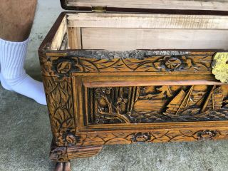 Asian chinese Hand Carved Wood Chest / Trunk Sailboat Vintage Antique 6