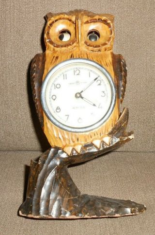 Antique Meiko Tokei Wind Up Clock - - - Hand Carved Wood And Moving Eyes.  Vintage