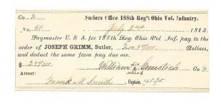 1865 Joseph Grimm Signed Sutler 188th Reg.  Ohio Vol.  Infantry