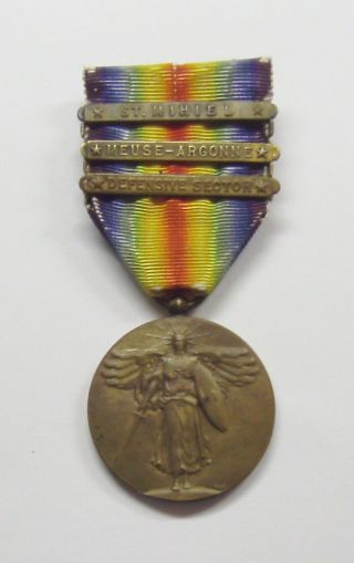 Vintage Ww I Victory Medal And 3 Battle Bars