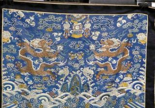 Large Double Dragon Antique Chinese Silk Panel w/Gold Thread 34 inches Square 2