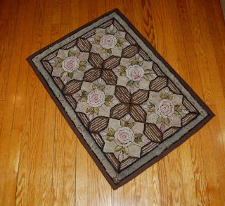 Antique Geometric Hooked Rug With Roses