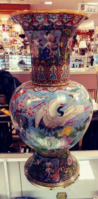 Chinese Cloisonne Crane Bird Flower Large Vase 25 Inch