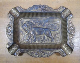 Old Brass Lion Tray Cigar Ashtray Big Cat On The Prowl Landscape Scrollwork