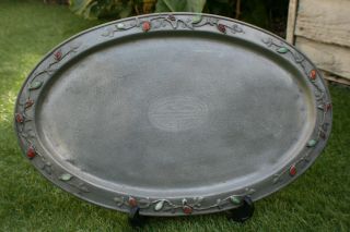 Large Antique Chinese Pewter W/ Decorated Inlay Jade Stone & Coral Tray - Marks