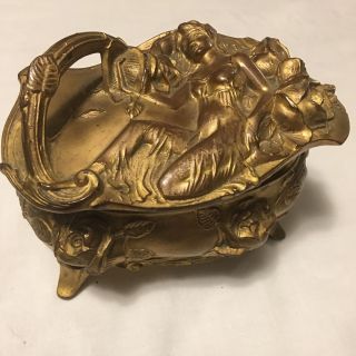 Vintage Art Nouveau Jewelry Casket With Roses & Reclining Lady On Lid