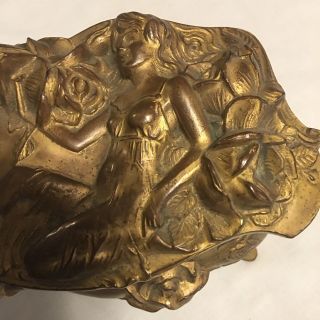 Vintage Art Nouveau Jewelry Casket With Roses & Reclining Lady On Lid 5