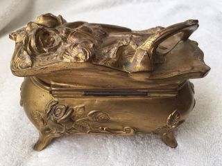 Vintage Art Nouveau Jewelry Casket With Roses & Reclining Lady On Lid 7