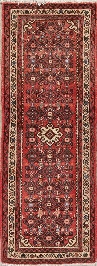 Remarkable Geometric Red Hamedan Vintage Handmade Oriental Runner Rug Wool 2x6