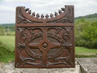 19thc Gothic Oak Carved Panel With Central Cross & Gothic Decor