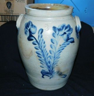 Antique Stoneware Salt Glaze Butter (?) Crock,  Floral Painted " 2 " Imprinted,  Vg