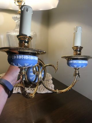 Ornate Wedgwood Jasperware Dual Flame Sconce Light Fixture - Blue W/ White& Gold