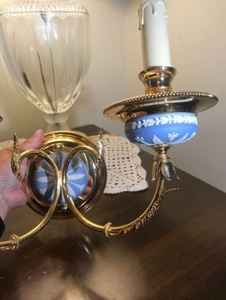 Ornate Wedgwood Jasperware Dual Flame Sconce Light Fixture - Blue W/ White& Gold 4