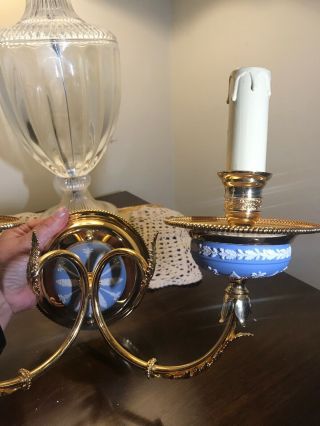 Ornate Wedgwood Jasperware Dual Flame Sconce Light Fixture - Blue W/ White& Gold 5