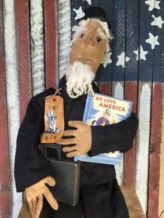 Primitive Handmade Ooak Uncle Sam Doll With Vintage Child’s Book - Unique