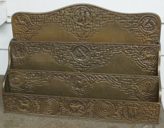 Antique Brass Bronze Tiffany Studios Zodiac Large Paper Holder Mail Organizer