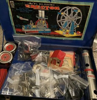 Vintage Gilbert Erector Set 9 1/2 Blue Box Tons Bagged Parts Auto & More