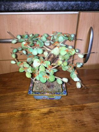 Vintage Miniature Chinese Green Leaves And Coral Bonsai Type Tree.  Cloisonne Pot