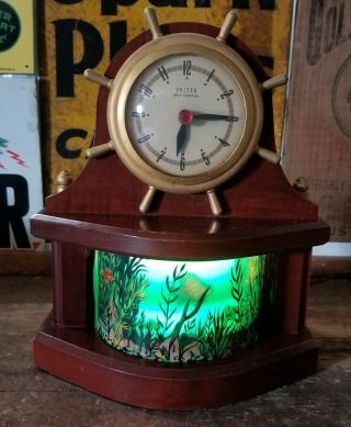 Vintage United Ship Wheel Clock Electric Light Aquatic Scene