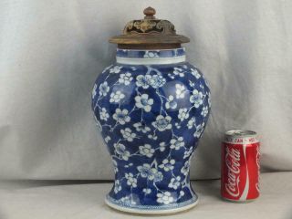 Kangxi 1662 - 1722 Chinese Porcelain Blue White Prunus Vase & Pierced Wood Lid