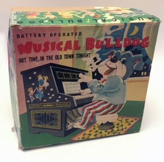 RARE Vintage Tinplate Battery Op Musical Bulldog Piano Tin Toy Japan 1950 ' s 10