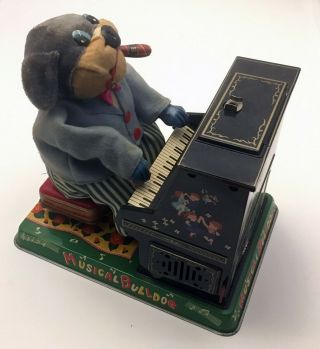 Rare Vintage Tinplate Battery Op Musical Bulldog Piano Tin Toy Japan 1950 