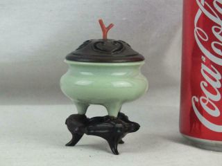 Fine Miniature 19th C Chinese Longquan Celadon Censer With Wood Cover & Stand