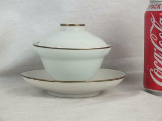 Unusual 19th C Chinese Porcelain Ogee Pale Celadon Metal Rim Bowl,  Cover & Stand
