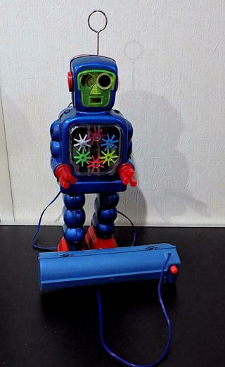 Vintage Tinplate Battery Operated High Wheel Robot Toy,  Yoshiya (ko) Japan.