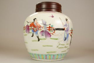 6: A large Chinese famille rose ginger tea jar vase with wood lid 19th/20thc 3