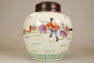 6: A large Chinese famille rose ginger tea jar vase with wood lid 19th/20thc 4