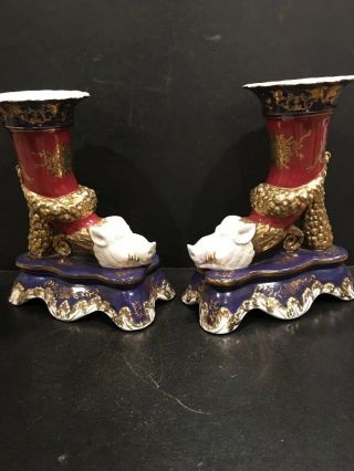 Porcelain Cornucopia Vases With Boar 