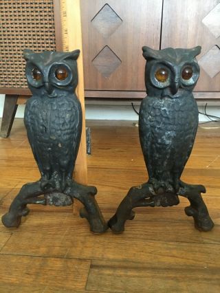 Antq Vtg Cast Iron Owl Fireplace Andirons 13 " Amber Glass Eyes Orig Cond Marked