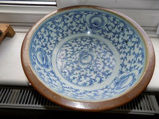 Large Antique Chinese Porcelain Blue & White Cafe Au Lait Bowl Diameter 28 Cm