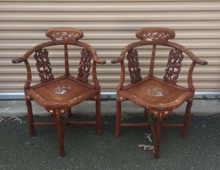 Vintage Chinese Teak Hand Made Corner Chairs Inlaid Mother Of Pearl