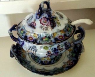 1845 Antique Collectors Porcelain Soup Tureen Cleopatra Blue Design 10 Inches